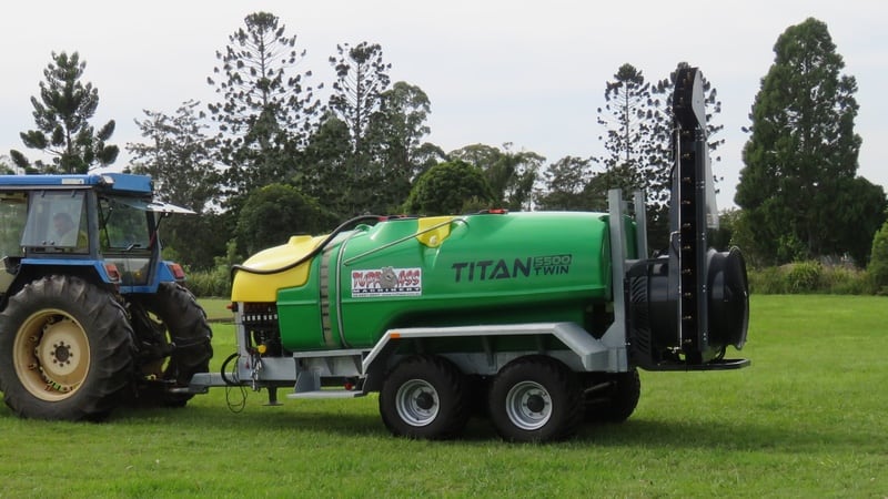 A double sided twin fan air blast sprayer featuring dual axle, 5500L tank, specially designed and tested for macadamia, avocado and any other tall plantations.